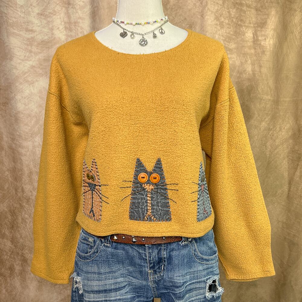 Vintage Cat Sweater Mustard Yellow Sherpa Patchwork Long Sleeve Cropped Grandma
